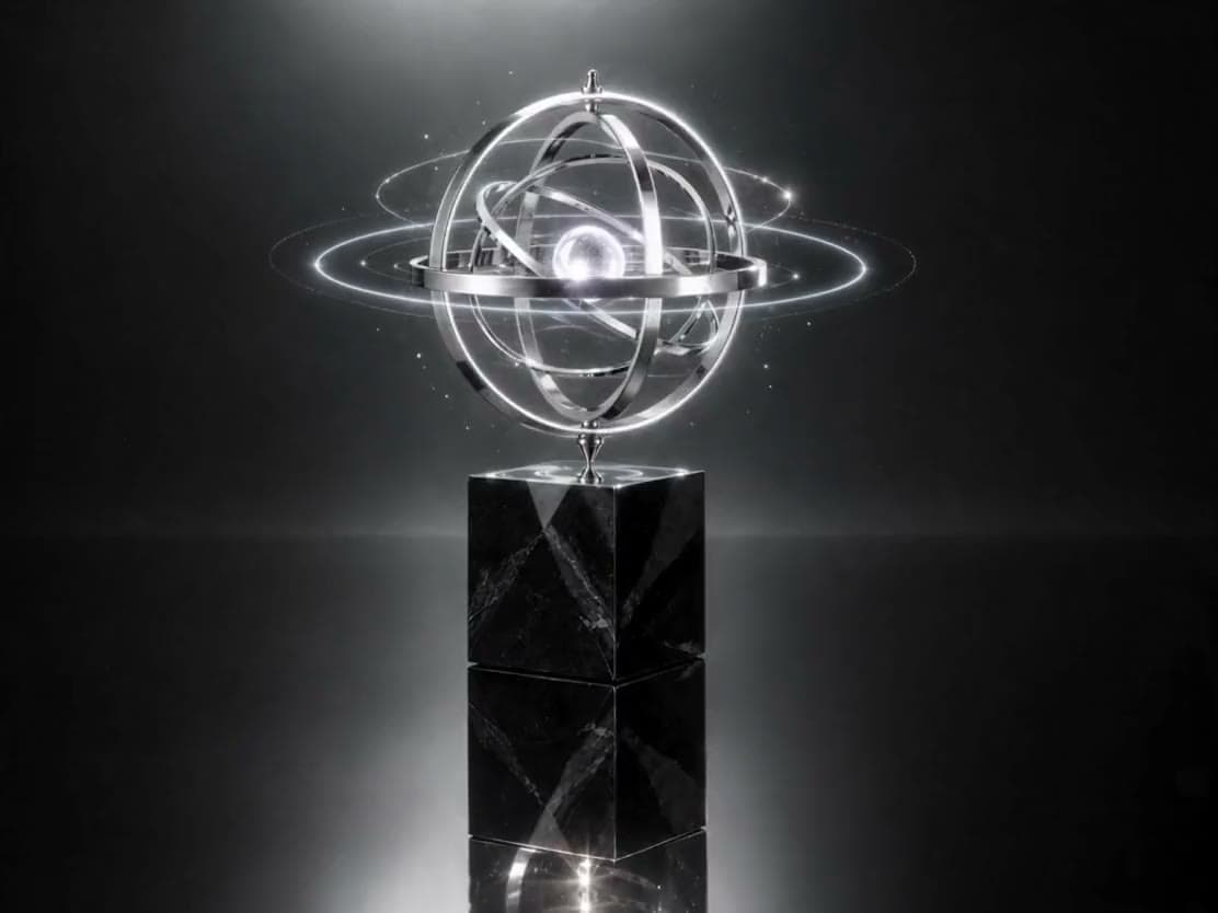 Esfera armilar de cromo sobre un pedestal de mármol negro, símbolo del gobierno del grupo
