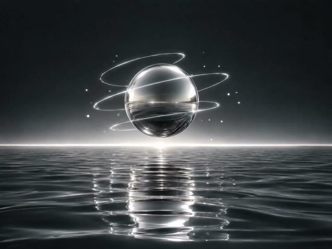 Esfera de cromo con anillos de luz suspendida sobre el agua al amanecer