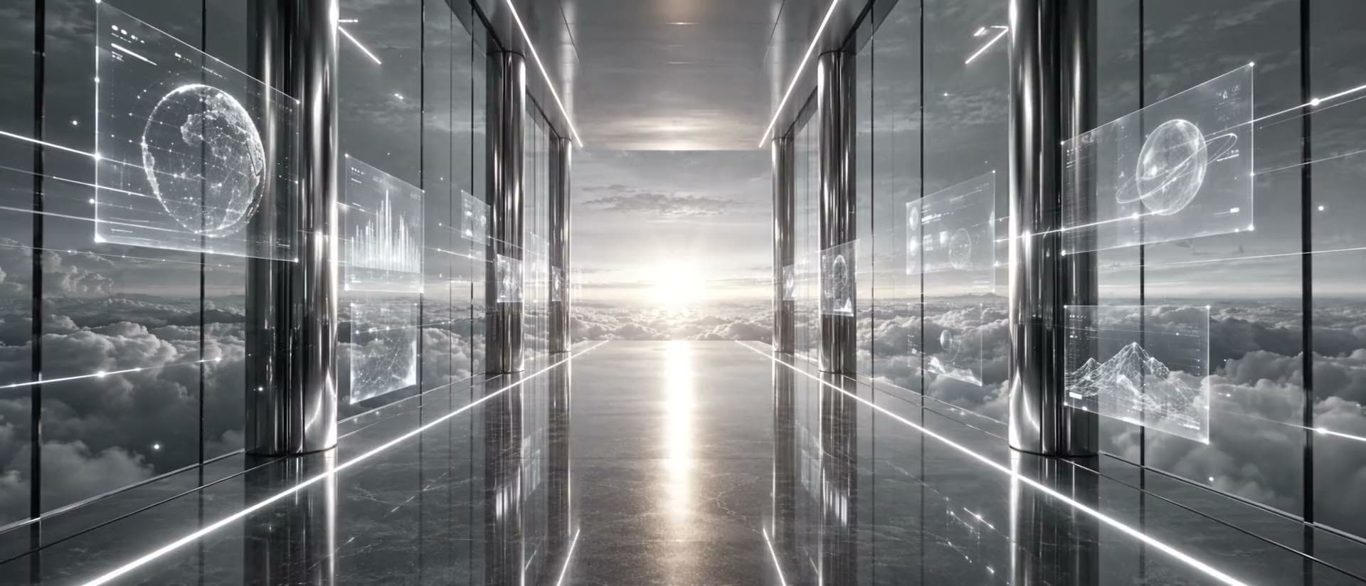 Corredor de cristal y metal con paneles holográficos que se abre hacia el horizonte
